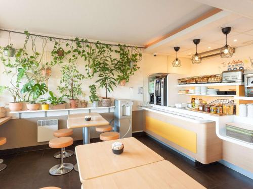 a kitchen with potted plants on the wall at ibis budget Mâcon Nord in Mâcon