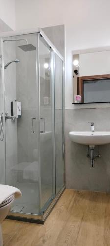 a bathroom with a glass shower and a sink at Hotel Alba Serravalle in Serravalle Pistoiese