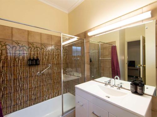 a bathroom with a shower and a sink and a showerspective at Breakfree Port Pirie in Port Pirie
