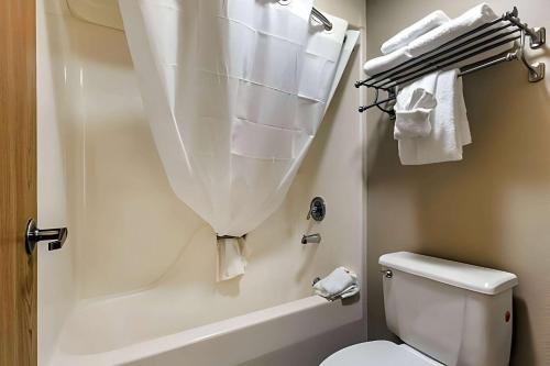 a bathroom with a toilet and a tub and towels at Ramada by Wyndham Branson Theatre District in Branson