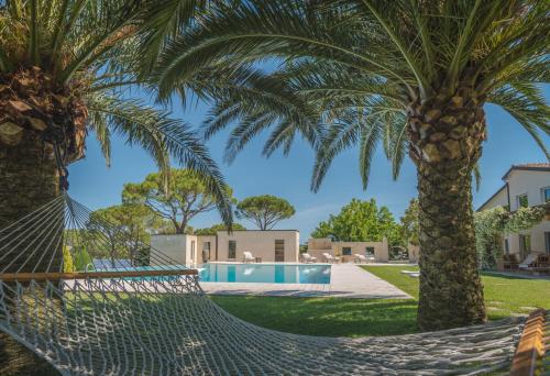 uma rede num quintal com duas palmeiras em VILLA DEI PINI - Camerano, villa con piscina em Camerano