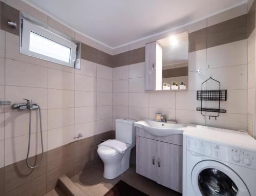 a bathroom with a toilet and a sink and a washing machine at Meteora Suites in Nikiana