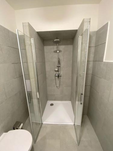 a shower stall in a bathroom with a toilet at MINATO Apartments Ostrava center in Ostrava