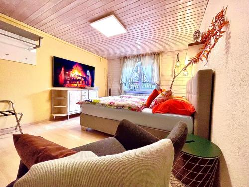 1 dormitorio con 1 cama y TV en la pared en Guest Apartment Seeland 