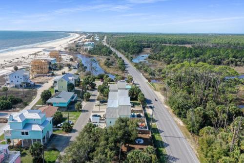 an aerial view of a beach with houses and a road at Eagle's Rest by Pristine Properties Vacation Rentals in Indian Pass