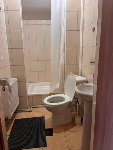 a small bathroom with a toilet and a sink at Кафе-бар «у Дідуся» in Vil'khy