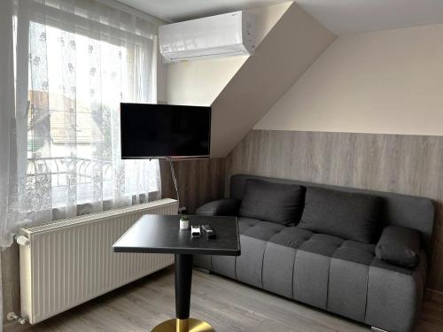 ein Wohnzimmer mit einem Sofa und einem Tisch in der Unterkunft Apartment Révész in Harkány