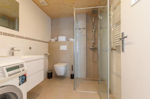 uma casa de banho com um chuveiro e um WC. em Molenweg 27a em Zoutelande
