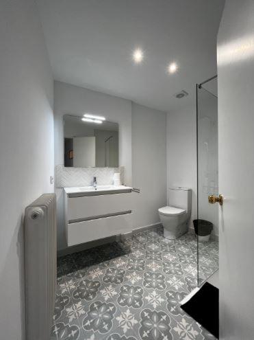 La salle de bains est pourvue d'un lavabo et de toilettes. dans l'établissement Hab en piso céntrico a 10min del lago, à Banyoles
