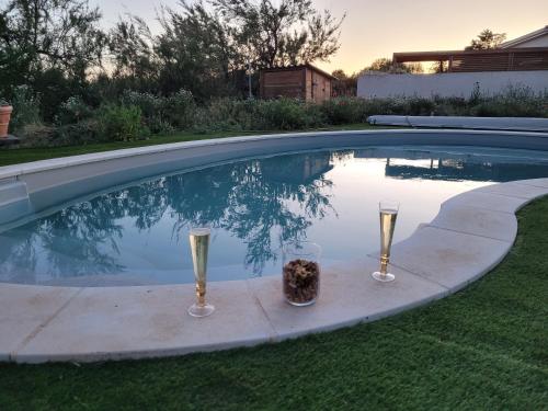 - deux verres de champagne à côté de la piscine dans l'établissement Villa piscine, à Marseillan