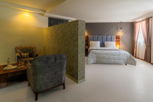 Sofy hotel في Bouira: غرفة نوم بسرير ومكتب وكرسي