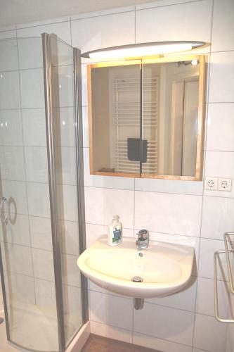 a bathroom with a sink and a shower at Wendelin`s Ferienwohnung in Wolfegg
