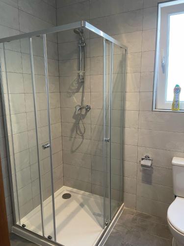 um chuveiro com uma porta de vidro na casa de banho em Three bedroom penthouse (Privilege Suite) em San Ġwann