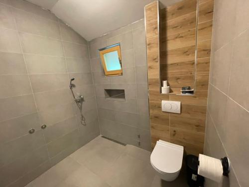 a bathroom with a toilet and a shower with a window at Camping Oaza in Bela Crkva
