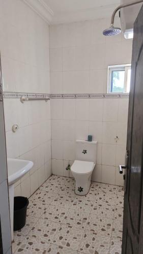 a white bathroom with a toilet and a sink at Paviosca Hotel in Umuahia