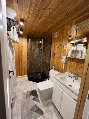 La salle de bains est pourvue de toilettes, d'un lavabo et d'une douche. dans l'établissement GLAXY_GLAMPING, à Karakol