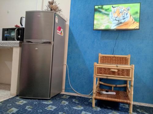 a refrigerator sitting next to a wall with a tv at Cosmic Haven Studio in Mombasa