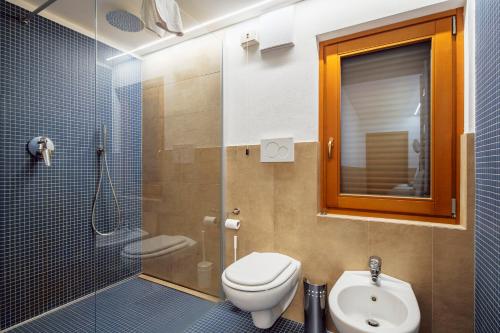 La salle de bains est pourvue de toilettes, d'un lavabo et d'une douche. dans l'établissement Barisetti Sport Hotel, à Cortina dʼAmpezzo