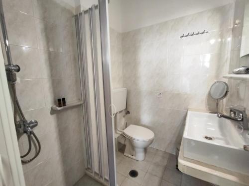 a bathroom with a toilet and a shower and a sink at Nemesis in Fira