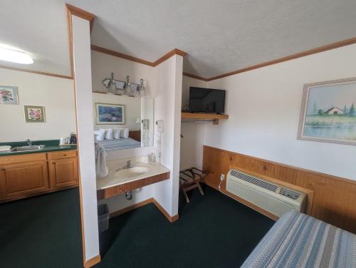 um quarto com uma casa de banho com um lavatório e uma cama em Auburn Inn Motel 