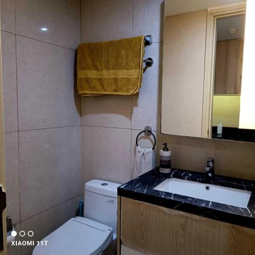 y baño con lavabo, aseo y espejo. en Apartment Louise kienne, en Semarang