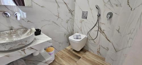 a bathroom with a sink and a toilet and a shower at Hotel Diana in Koroni