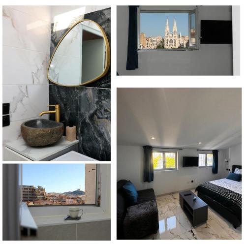 un collage de photos d'une chambre d'hôtel avec un miroir dans l'établissement Bleu Ciel Notre Dame De la Garde-Gare de St Charles Marseille, à Marseille