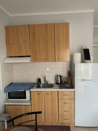 a kitchen with wooden cabinets and a sink and a refrigerator at Kate's Studio with view and free parking in Serres