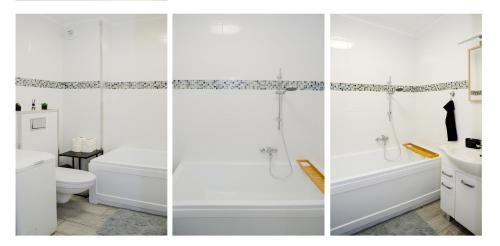 two images of a bathroom with a tub and a toilet at Apartament Reda in Reda