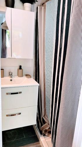 une salle de bain avec un lavabo et un rideau de douche dans l'établissement Serenity - Garden Calm & Air Conditioning Downtown, à Saint-Laurent-du-Var