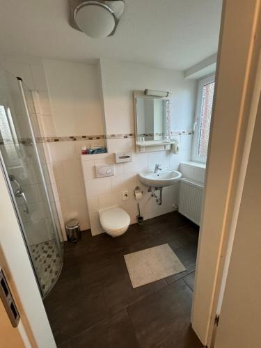 a bathroom with a toilet and a sink and a shower at SkyPension in Schönefeld