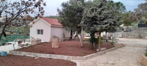 ein kleines weißes Haus mit einem Baum davor in der Unterkunft Jerash Roman Gate Shalea شاليه بوابة جرش الرومانيه الشماليه in Gerasa