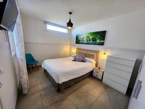 um quarto com uma cama e uma televisão na parede em Apartamentos Playa De Covachos em Soto de la Marina