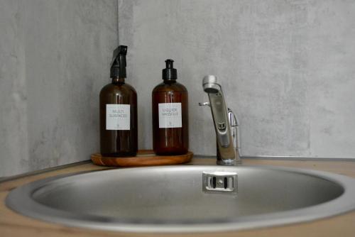 zwei Flaschen Seife auf einem Waschbecken in der Unterkunft duplex nouvelle du gué in Pouilly-en-Auxois