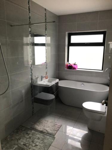 a bathroom with a tub and a toilet and a sink at Bungalow in the countryside in Roscommon