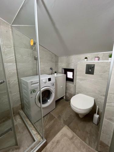 uma casa de banho com uma máquina de lavar roupa e um WC em Apartman Savska Palata em Sajmište