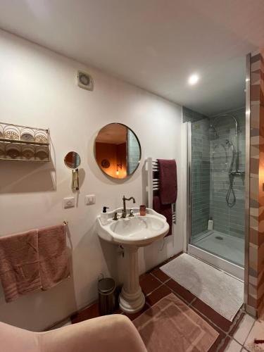 a bathroom with a sink and a shower at Terrama de l'isle in LʼIsle-sur-la-Sorgue