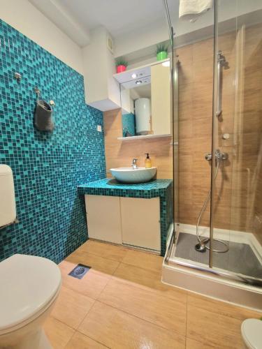 a bathroom with a toilet and a sink and a shower at Max's downtown oasis in Zadar