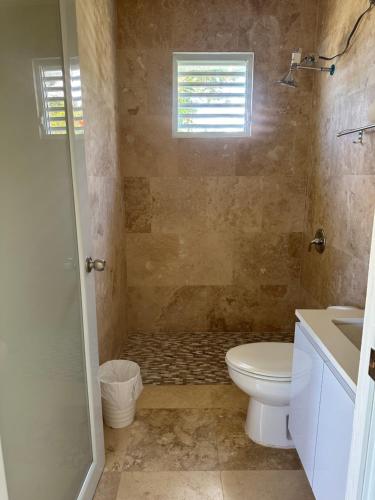 y baño con ducha, aseo y lavamanos. en Manati World Point Inn, en Manatí
