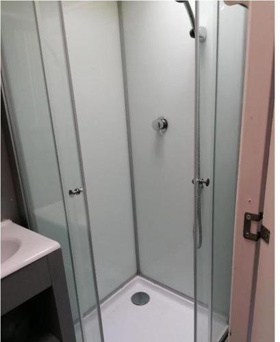 une douche avec une porte vitrée dans une salle de bain dans l'établissement grand mobil home domaine La Lande, à Mimizan