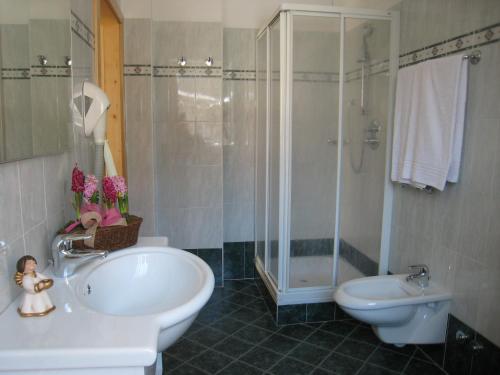 y baño con ducha, lavabo y aseo. en Garni B&B Mozart Nesthouse, en Canazei