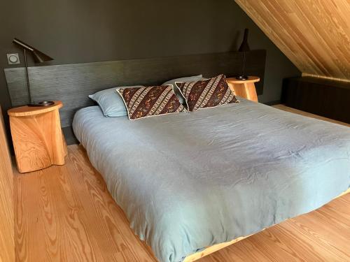 a bed with two pillows on it in a bedroom at NOUVEAU - Ecolodge avec piscine au Golf-Plage de Biscarrosse - Couchage 2 adultes - Petit-déjeuner compris in Biscarrosse