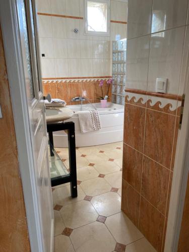 y baño con bañera, lavamanos y bañera. en Maison de Charme, en Champs-Sur-Marne