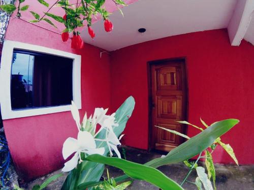 um quarto com uma parede vermelha com uma porta e flores em Casa do Aventureiro em Abraão