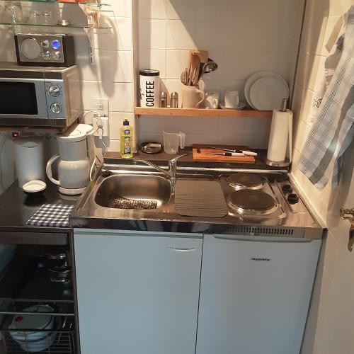 een kleine keuken met een wastafel en een magnetron bij Gästezimmer in Weimar