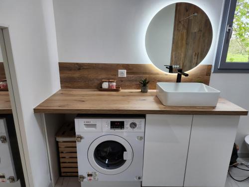 ein Badezimmer mit einer Waschmaschine und einem Spiegel in der Unterkunft La petite maison d'Adèle 