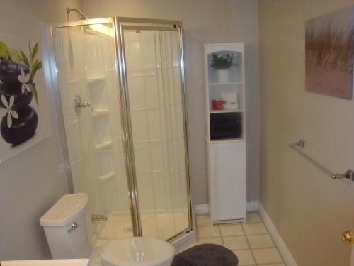 y baño con ducha y aseo. en Comfortable apartment en Kingston