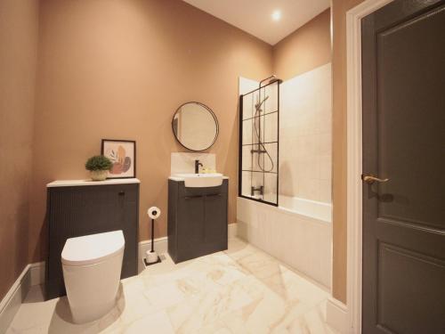 a bathroom with a toilet and a sink and a mirror at Apartment 6 Old Conservative Club in Historic Town Pass the Keys in Caernarfon