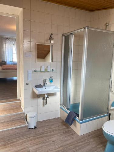 a bathroom with a shower and a sink at Gästehaus Kerber in Merzig