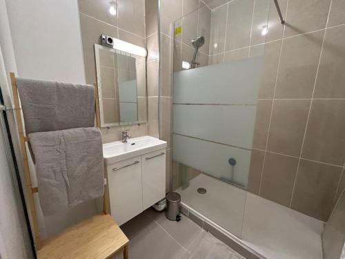 une salle de bain avec une douche, un lavabo et un miroir dans l'établissement Beau Séjour Bourges, à Bourges